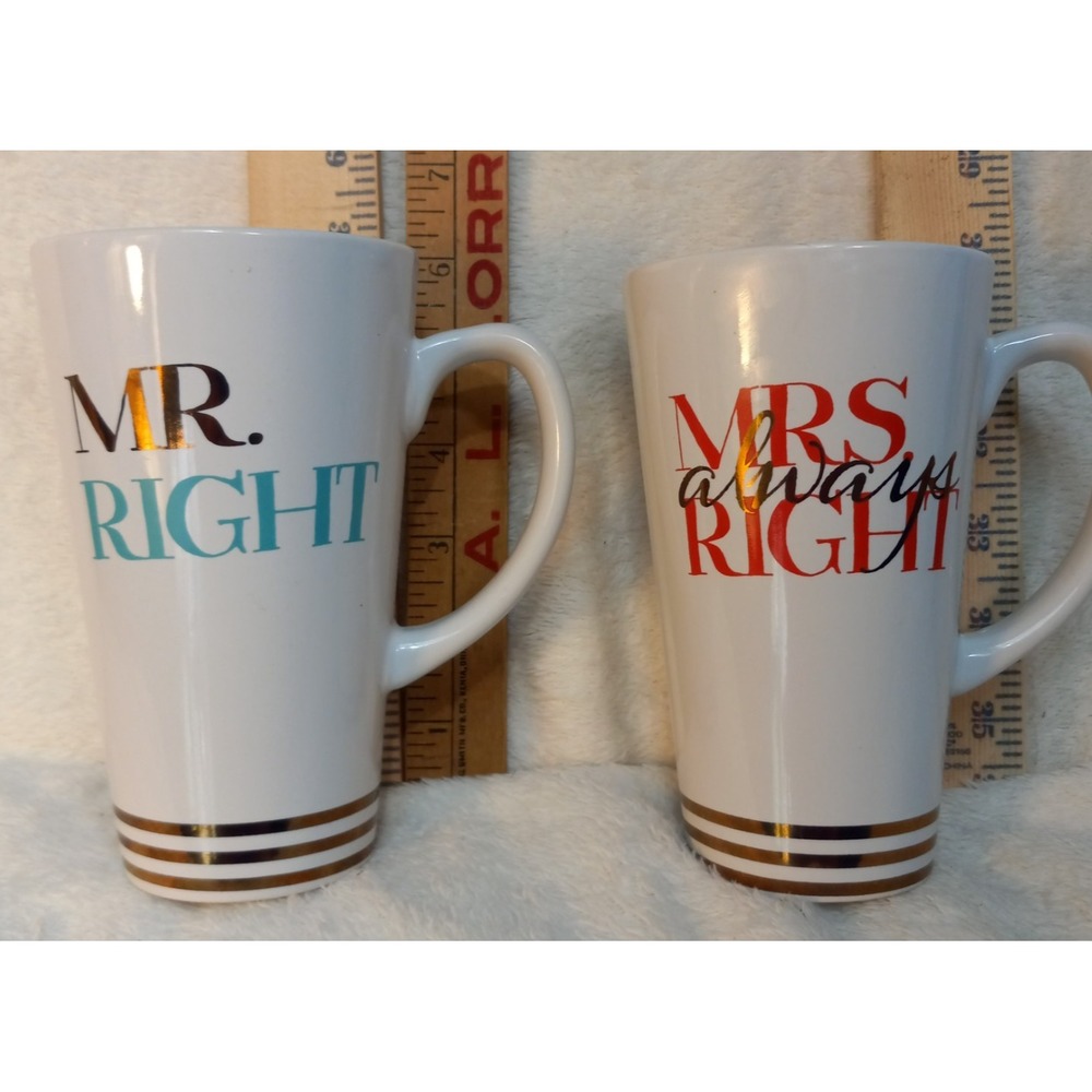 2 Large Coffee Mugs Mr. Right Mrs. Always Right 16oz. American Atelier White